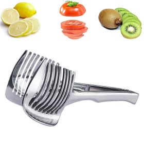 Stainless Steel 1pc Slicer for Round Fruits Onion, Cutter Guide Tongs with Handle