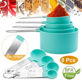 8Pcs Plastic Measuring Spoons & Cups; Stainless Steel Handles