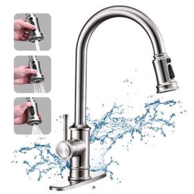 Kitchen Faucet with 3 Modes Pull Down Sprayer Kitchen Sink Faucet; Brushed Nickel Kitchen Faucet; 1or3 Holes with Deck Plate; 100% Lead-Free