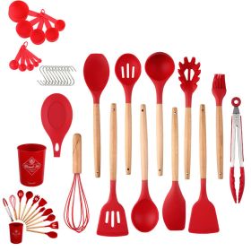 33pcs Set Wooden Handle Silicone Kitchen Utensils (Color: Red)