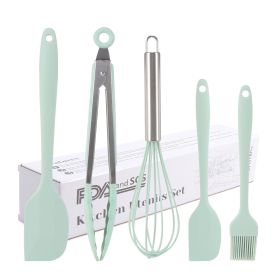 Silicone Cook Utensils;  5 Piece Kitchen Cooking Set;  Includes Large Spatula;  Small Spatula;  Grease Brush;  Food Clamp;  Whisk (Color: green)