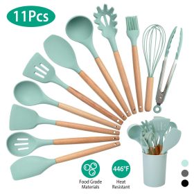 11Pcs Silicone Cooking Utensil Set - Heat Resist - Wooden Handle - Silicone Utensils (Color: LightGreen)