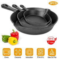 3Pcs Pre-Seasoned Cast Iron Skillet Set 6/8/10in - Non-Stick Oven Safe Cookware (Color: Black)