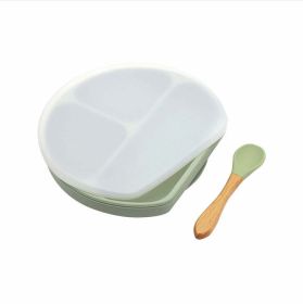 Baby Silicone Compartment Plate With Wooden Spoon (Size/Age: Average Size (0-8Y), Color: Light Green)