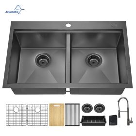 Aquacubic Gunmetal Black CUPC Handmade 304 Stainless Steel Top mount Kitchen Sink with Accessories and faucet (Thickness: 18 Gauge, Color: ACS3322A2T-FW)