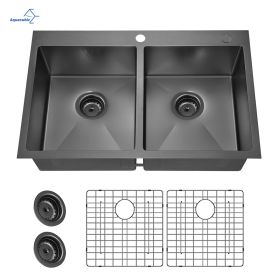 Aquacubic Gunmetal Black CUPC Handmade 304 Stainless Steel Top mount Kitchen Sink with Accessories and faucet (Thickness: 18 Gauge, Color: ACS3322A2T)