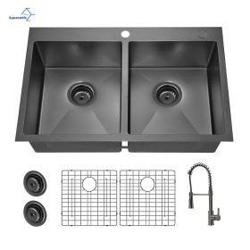 Aquacubic Gunmetal Black CUPC Handmade 304 Stainless Steel Top mount Kitchen Sink with Accessories and faucet (Thickness: 18 Gauge, Color: ACS3322A2T-F)